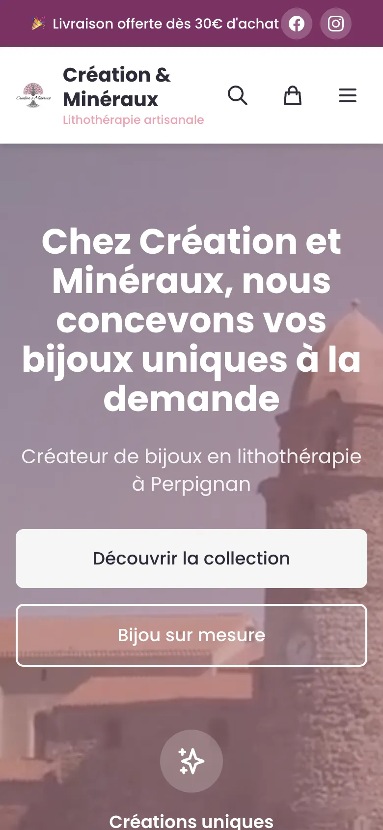 Page d’accueil du site Création & Minéraux sur mobile