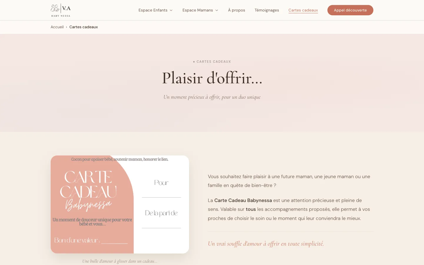 Page Cartes cadeaux du site Babynessa sur ordinateur