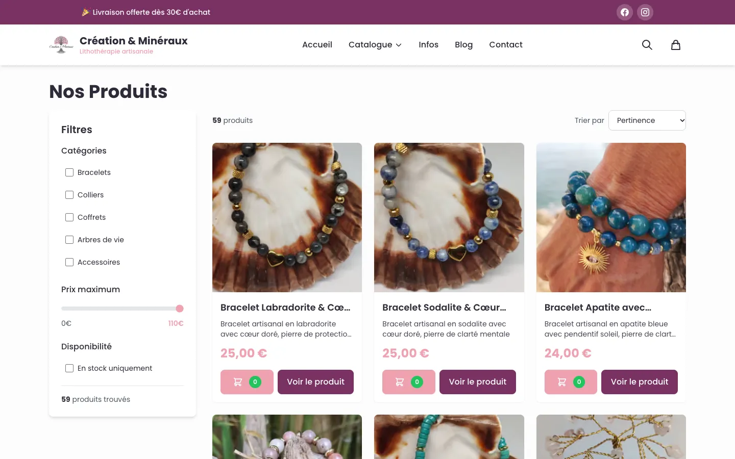 Catalogue produits du site Création & Minéraux avec filtres