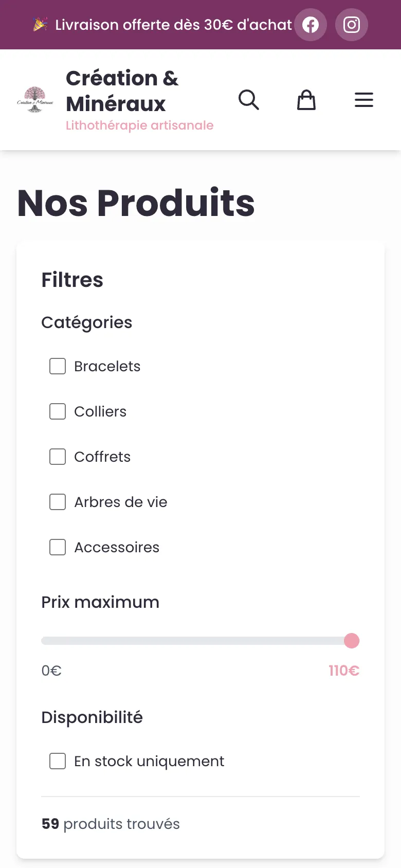 Catalogue du site Création & Minéraux sur mobile